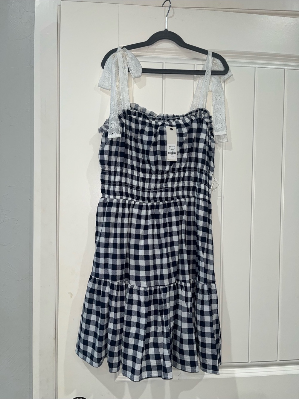 Navy & White Gingham Tie-Shoulder Dress